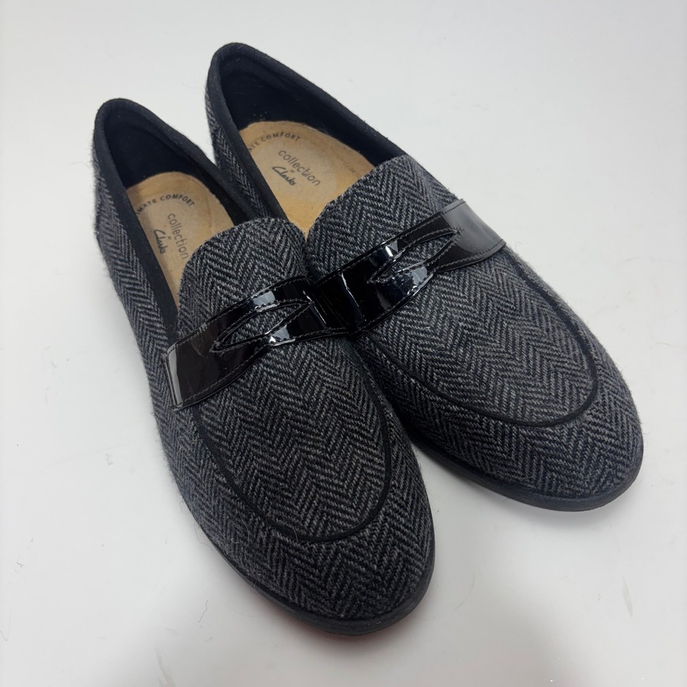 Clarks Collection Womens 9 M Grey Herringbone Patent Penny Loafers 26155838